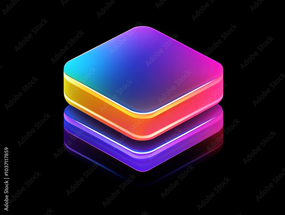 3D abstract geometric shapes with gradient color and reflections on a black background. 3D abstract geometric shapes with gradient color and reflections on a black background.