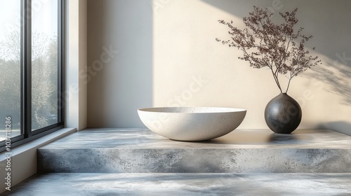 A serene interior scene featuring a minimalist bowl and a decorative vase with branches.