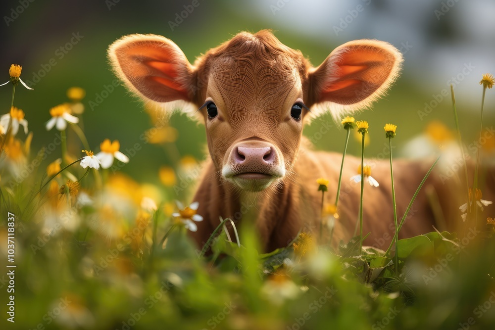 A playful baby cow relaxes in a vibrant field filled with colorful wildflowers enjoying the warmth of the sun while surrounded by natures beauty A playful baby cow relaxes in a vibrant field filled with colorful wildflowers enjoying the warmth of the sun while surrounded by natures beauty