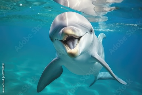 A young dolphin plays joyfully in the bright blue ocean showing its friendly demeanor while exploring the vibrant underwater world around it