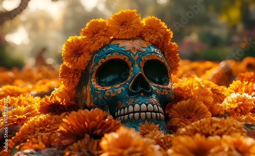 Skull Adorned with Vibrant Orange Flowers.


 photo