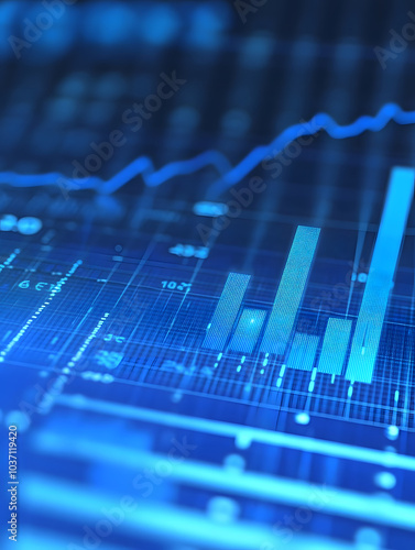 A blurred background with a blue finance graph and investment bar, showcasing growth and success in the market with technology currency reports chart. Business stock world economy AI computer