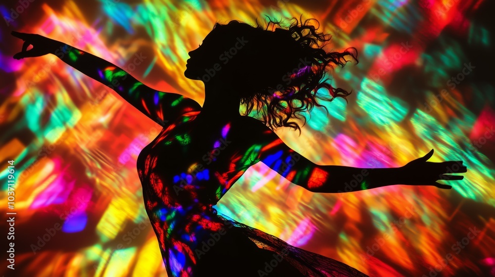 A dynamic silhouette of a dancer gracefully moves amidst vivid, colorful light patterns, creating an energetic and artistic scene.