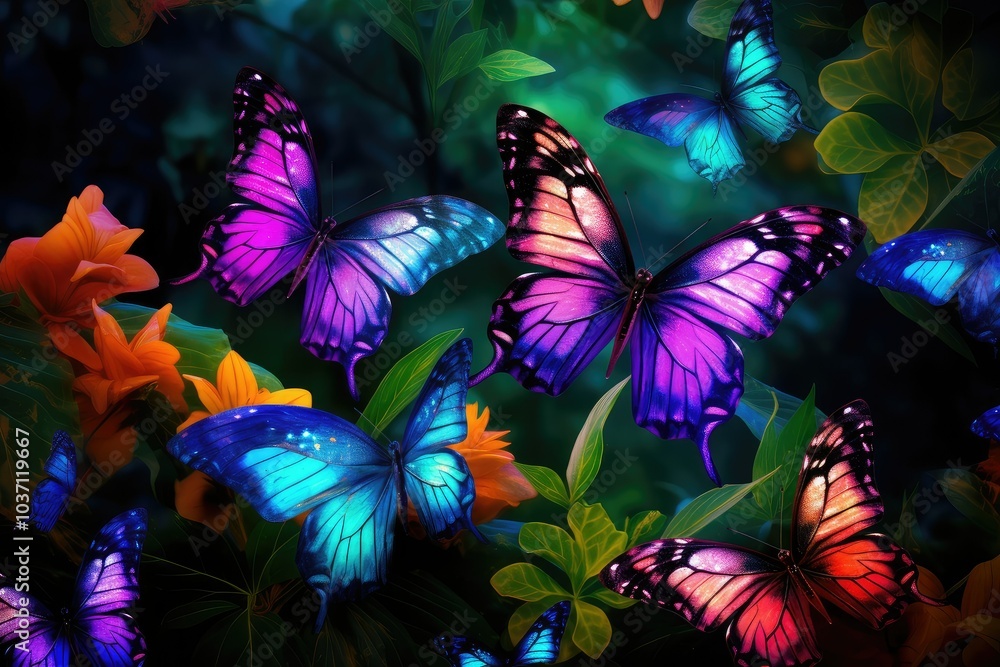 Brightly colored butterflies gracefully fly among blooming flowers creating a stunning visual in a vibrant garden filled with greenery and sunlight Brightly colored butterflies gracefully fly among blooming flowers creating a stunning visual in a vibrant garden filled with greenery and sunlight