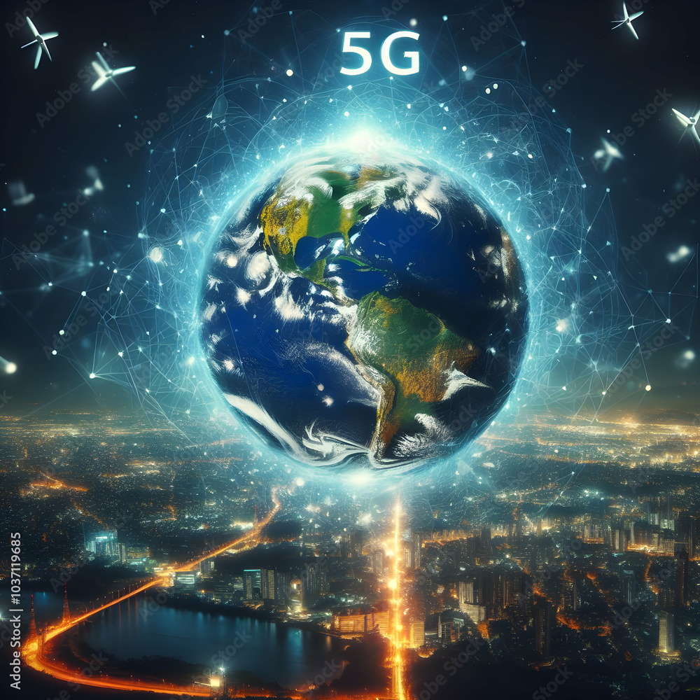 A planet with a city in the background and the words 5G written on it A planet with a city in the background and the words 5G written on it