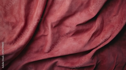 A close-up of richly textured, draped fabric in deep red tones, showcasing intricate folds and shadows.