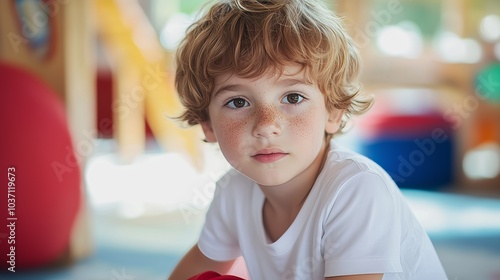 Young boy with freckles in a bright playroom, exuding innocence and curiosity, ideal for educational or childhood themes.