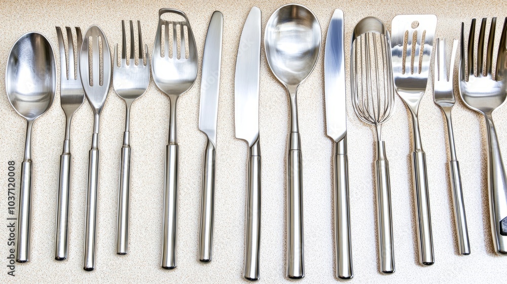 A set of modern stainless steel cutlery with various kitchen utensils on a white background. A set of modern stainless steel cutlery with various kitchen utensils on a white background.