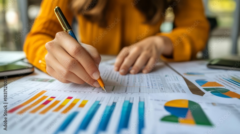 A person is analyzing data charts and graphs while taking notes, showcasing a focus on statistics and business insights. A person is analyzing data charts and graphs while taking notes, showcasing a focus on statistics and business insights.