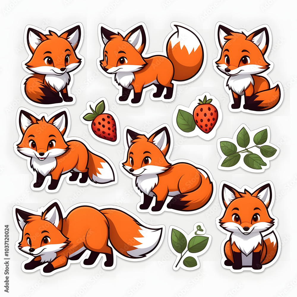 Cute cartoon fox stickers with various poses and expressions on a white background, emphasizing whimsy and fun Cute cartoon fox stickers with various poses and expressions on a white background, emphasizing whimsy and fun