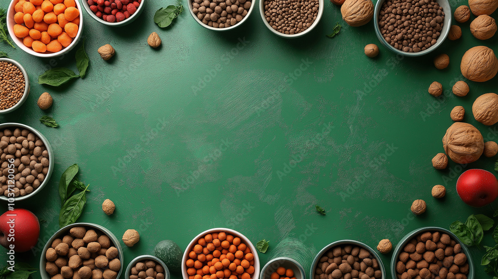 Pet accessories, dry food in bowl, toys on green table. Top view flat lay for pet store banner design with copy space. A perfect setup for showcasing pet supplies. Pet accessories, dry food in bowl, toys on green table. Top view flat lay for pet store banner design with copy space. A perfect setup for showcasing pet supplies.