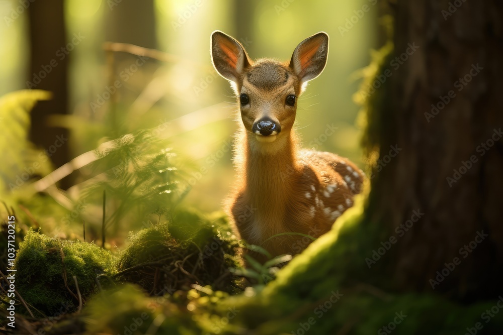 A young deer quietly stands among lush green foliage bathed in soft sunlight that highlights its playful curiosity and unique markings A young deer quietly stands among lush green foliage bathed in soft sunlight that highlights its playful curiosity and unique markings