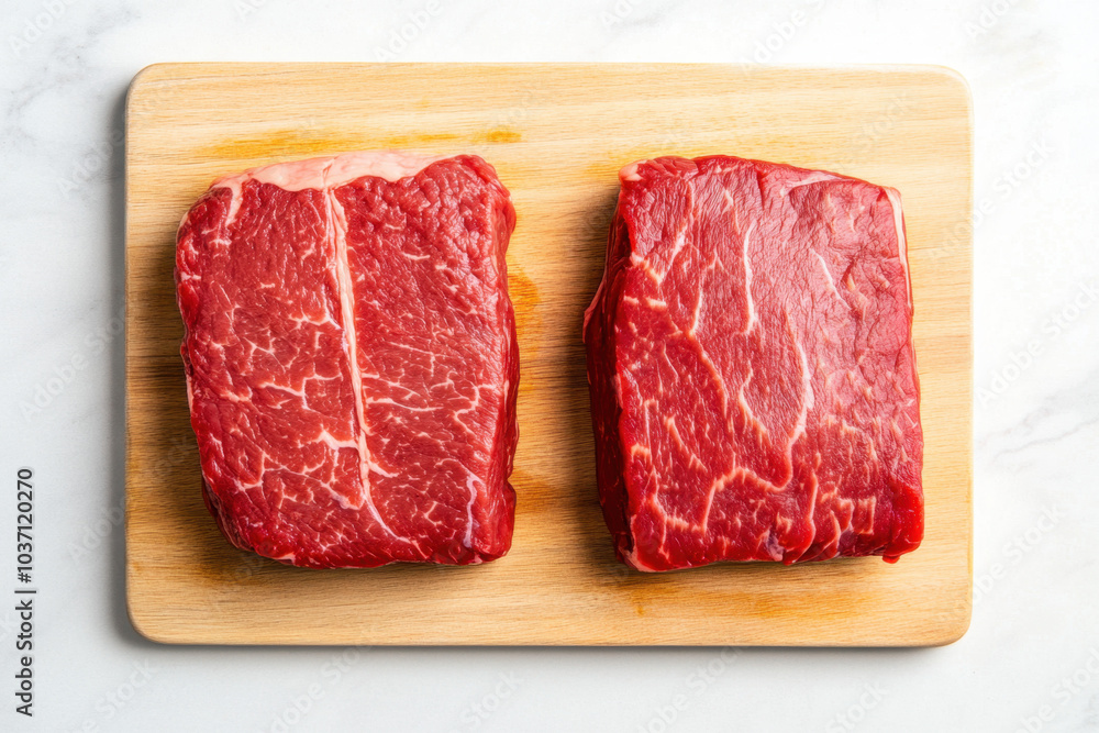 Fresh raw beef steaks displayed on a wooden cutting board, showcasing marbling and vibrant red color. Fresh raw beef steaks displayed on a wooden cutting board, showcasing marbling and vibrant red color.