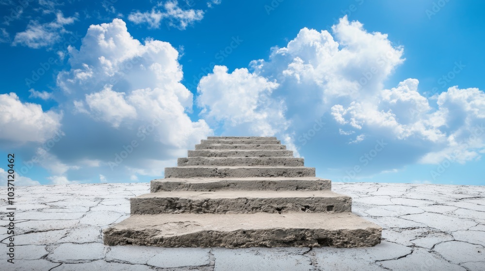 A staircase leads towards a bright blue sky filled with clouds, symbolizing hope and ascension above a cracked ground. A staircase leads towards a bright blue sky filled with clouds, symbolizing hope and ascension above a cracked ground.