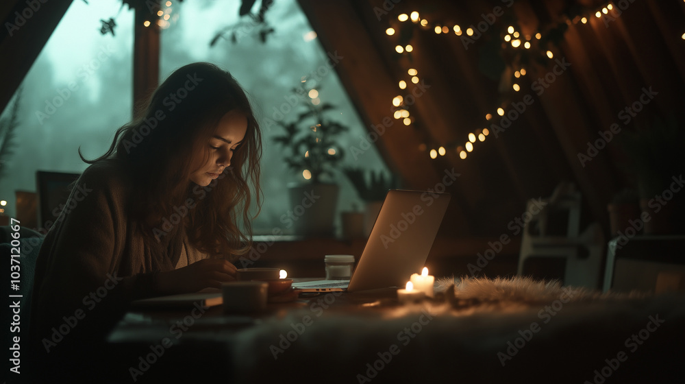 Girl sitting in the attic room at the table with a laptop. Cozy atmosphere and comfort Girl sitting in the attic room at the table with a laptop. Cozy atmosphere and comfort