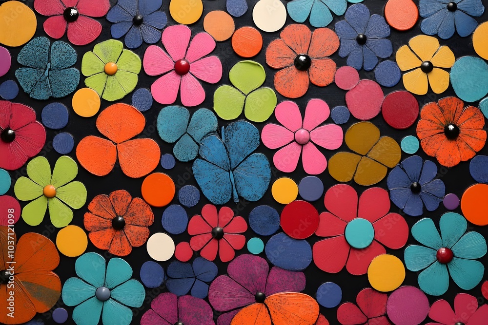 A vibrant collection of colorful flowers arranged in a playful, abstract pattern against a dark background. A vibrant collection of colorful flowers arranged in a playful, abstract pattern against a dark background.