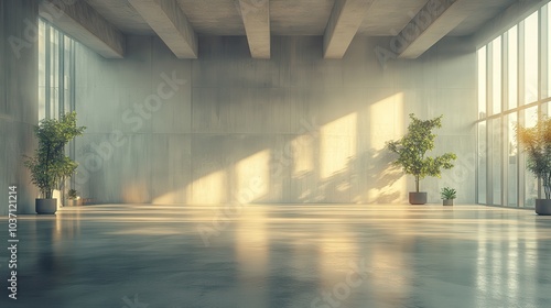 Minimalist warehouse space  open layout  soft ambient light  industrial elements  clean lines  serene atmosphere  modern design