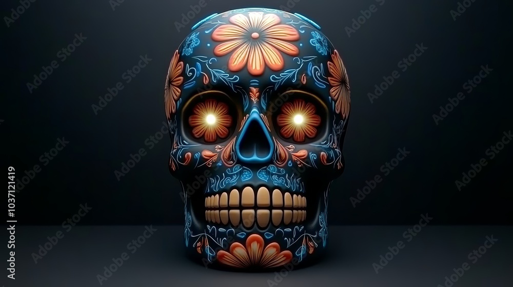 Naklejka premium A brightly decorated skull features floral designs and glowing eyes, symbolizing cultural themes of life and death.