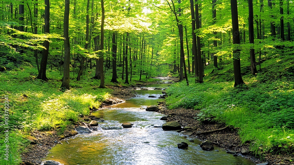 Obraz premium A tranquil stream flows through a lush, green forest, sunlight dappling the water and leaves.