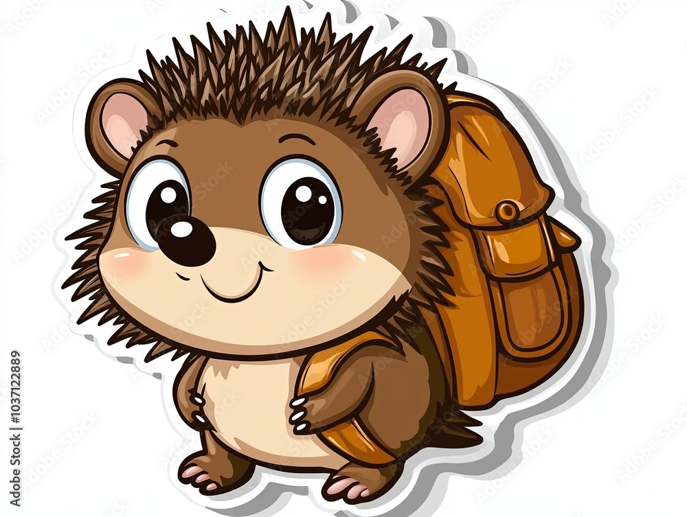 Obraz premium A cute cartoon hedgehog wearing a brown backpack, with big eyes, and a big smile.