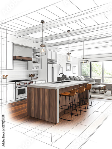 Home house apartment design sketch contemporary luxurious cozy modern wooden kitchen living room area construction interior architect drawing furniture