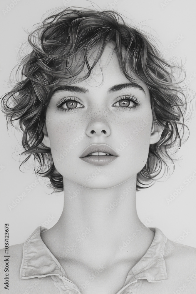 Detailed black and white pencil sketch portrait of young woman with expressive eyes and tousled hair Detailed black and white pencil sketch portrait of young woman with expressive eyes and tousled hair