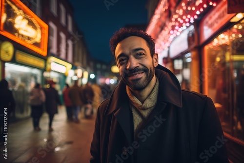 Portrait of a handsome young man with beard in the city at night