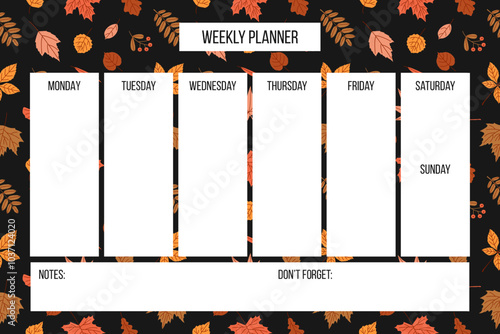 Weekly planner with autumn background.  Vector personal organizer planner for to do list, notes with fall elements.
