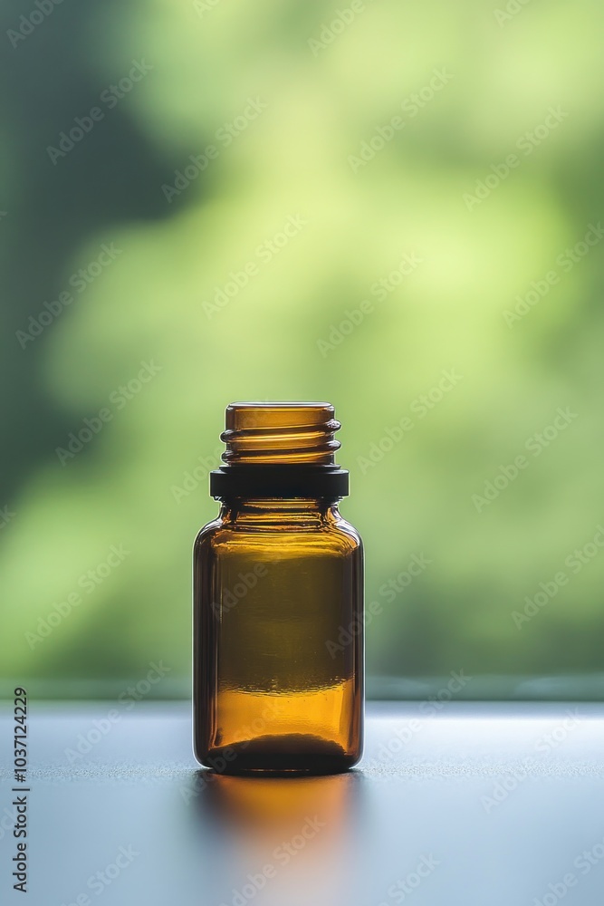 A brown glass bottle on a surface with a blurred green background. A brown glass bottle on a surface with a blurred green background.