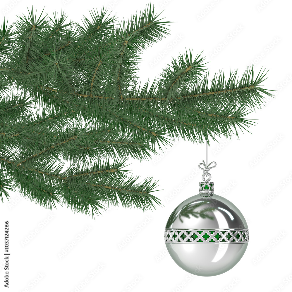 Green spruce branch with christmas tree toy. Silver mirror ball with gothic decor. New Year's holiday object. 3d illustration Green spruce branch with christmas tree toy. Silver mirror ball with gothic decor. New Year's holiday object. 3d illustration