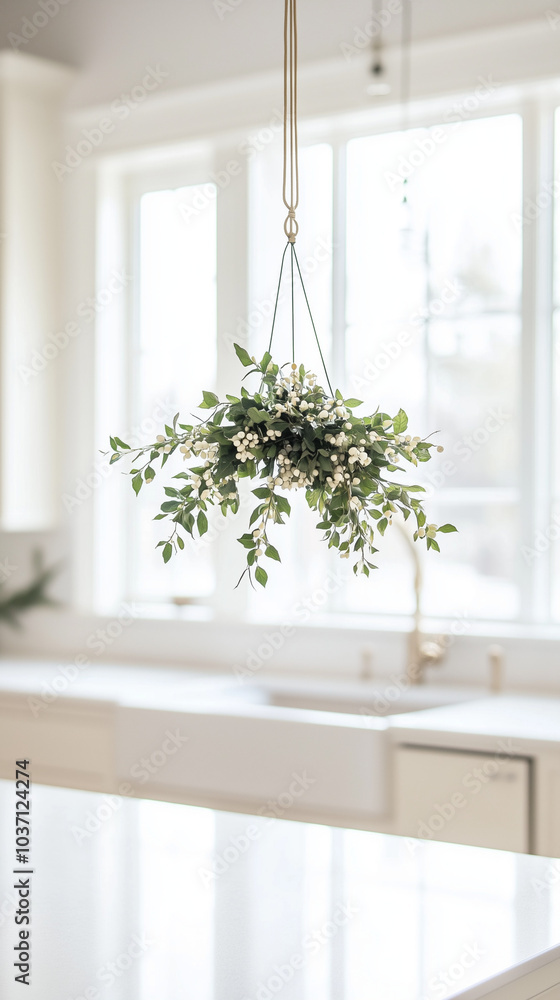 Mistletoe Hanging in Bright Minimalist Kitchen Mistletoe Hanging in Bright Minimalist Kitchen