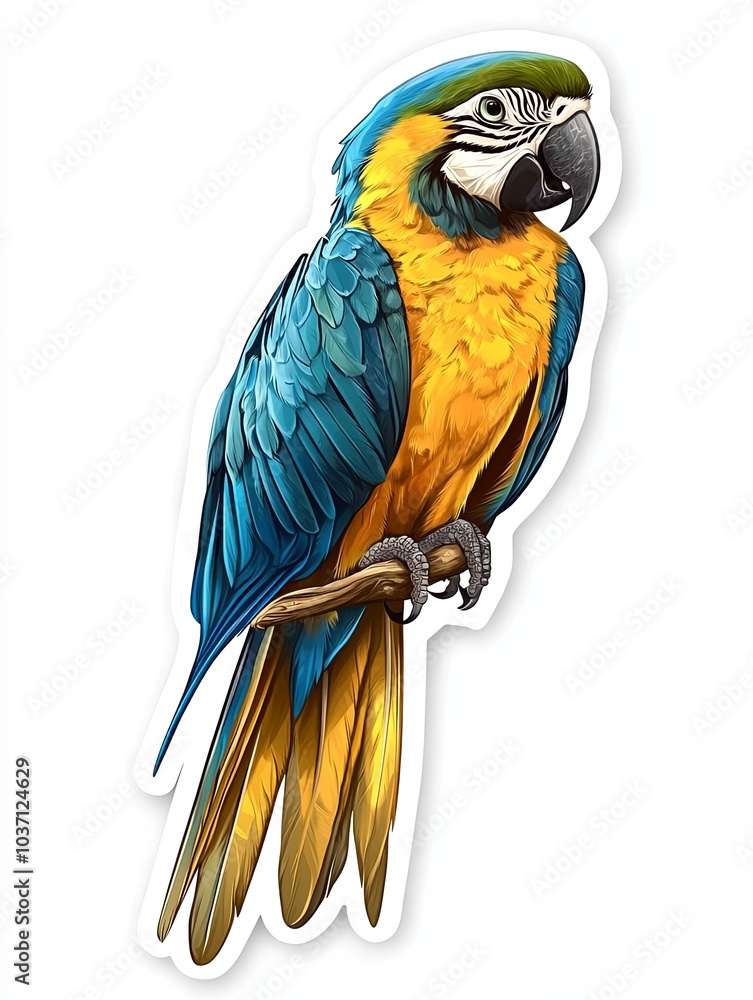 Fototapeta premium A blue and gold macaw parrot perches on a branch, facing forward with its head slightly tilted.