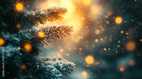 Wallpaper Mural snow-covered Christmas tree with a garland with yellow light. Christmas trees in the snow, minimalistic light background, winter minimalistic landscape Torontodigital.ca