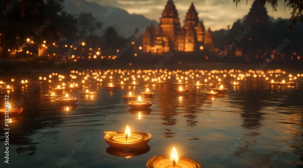 Unreal Engine Render of a River with Floating Candles and Illuminated Temples During Diwali, Capturing Spiritual Calm and Cinematic Beauty Unreal Engine Render of a River with Floating Candles and Illuminated Temples During Diwali, Capturing Spiritual Calm and Cinematic Beauty