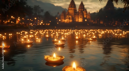  Unreal Engine Render of a River with Floating Candles and Illuminated Temples During Diwali, Capturing Spiritual Calm and Cinematic Beauty