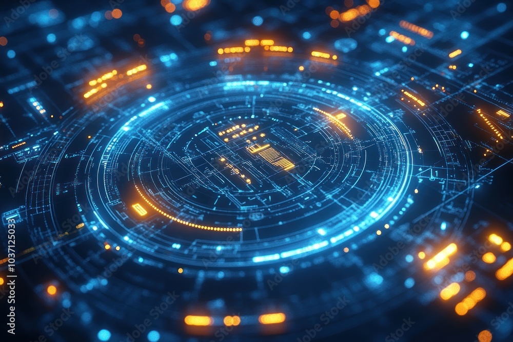 Abstract digital interface with glowing circular patterns and data visualizations. Abstract digital interface with glowing circular patterns and data visualizations.