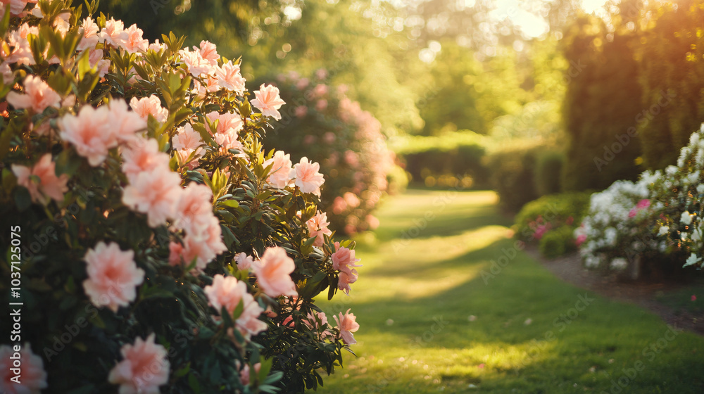 Obraz premium A serene landscape featuring flowering hedges that provide privacy and beauty in a garden setting.