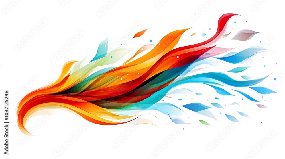 Abstract colorful flame design with flowing lines and scattered elements. Abstract colorful flame design with flowing lines and scattered elements.