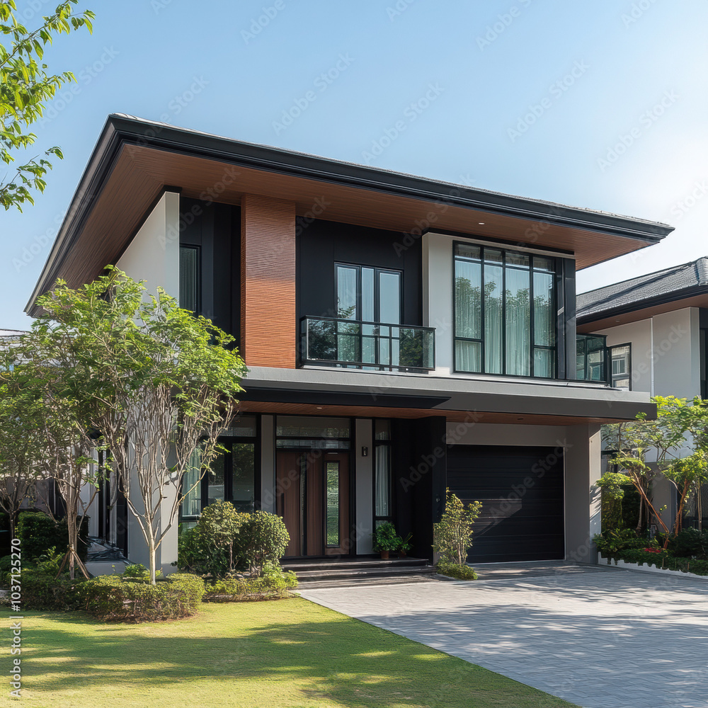 Modern Luxury Villa: A contemporary two-story home with a sleek, minimalist design, featuring large windows, a wooden door, a carport, and lush landscaping. It exudes sophistication and modern living. Modern Luxury Villa: A contemporary two-story home with a sleek, minimalist design, featuring large windows, a wooden door, a carport, and lush landscaping. It exudes sophistication and modern living.
