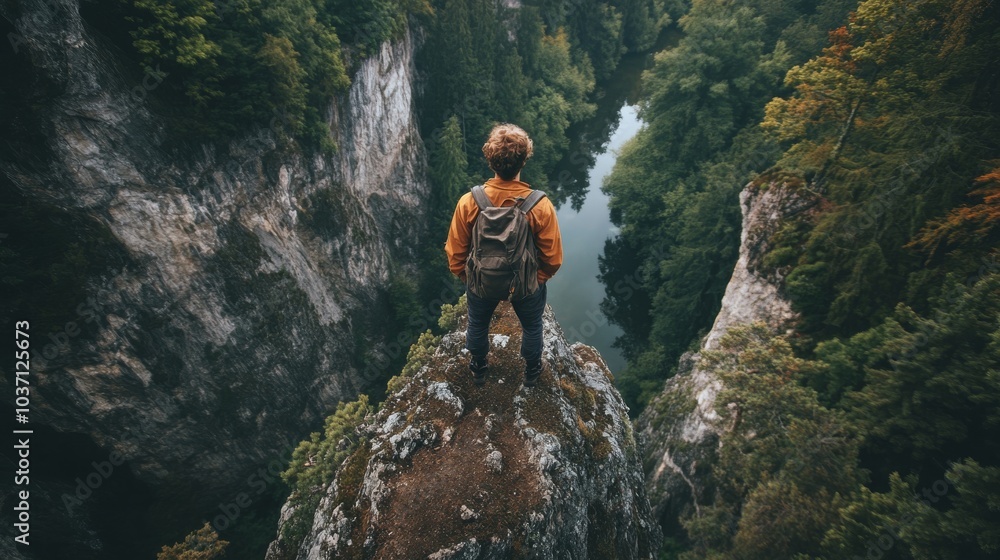 Obraz premium A lone hiker stands at the edge of a cliff, overlooking a serene river surrounded by lush, green trees, embodying adventure and nature's beauty.