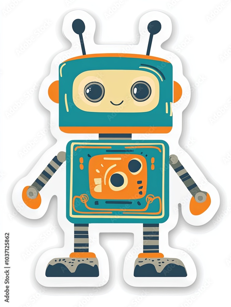 A cartoon robot with big eyes, antennas, and a smile. It is green, orange, and gray with a white background. A cartoon robot with big eyes, antennas, and a smile. It is green, orange, and gray with a white background.