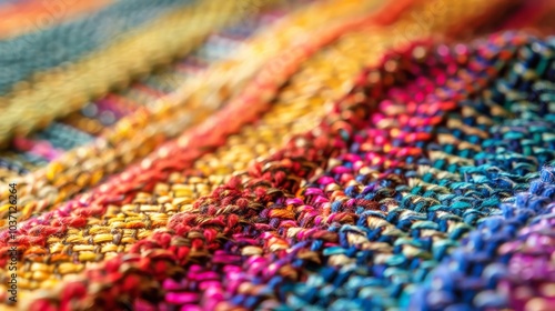 Detailed view of colorful woven fabric, highlighting the threads and weaves