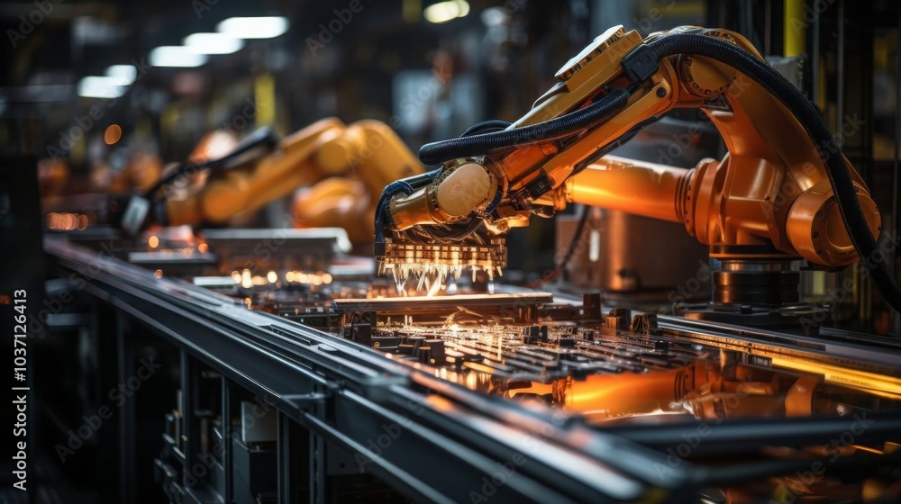 A robot is working on a piece of machinery A robot is working on a piece of machinery
