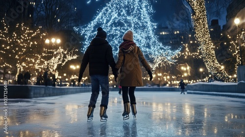 Ice skaters gliding across a frozen lake under twinkling lights, enjoying a magical winter evening photo