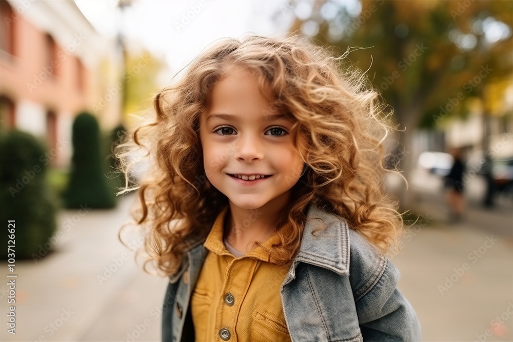 Outdoor portrait of cute little girl with curly hair in the city Outdoor portrait of cute little girl with curly hair in the city