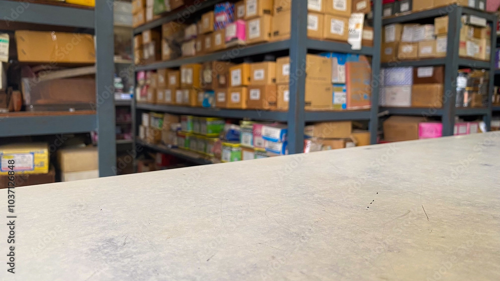 A view of a storage room with shelves filled with boxes. The organized arrangement highlights a workspace dedicated to inventory management and storage solutions.. A view of a storage room with shelves filled with boxes. The organized arrangement highlights a workspace dedicated to inventory management and storage solutions..