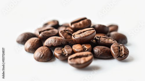 Close up of coffee beans with the beans spread out on a white background. The beans are of different sizes and shapes, and they are all brown in color. Concept of warmth and comfort