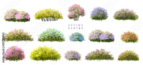  Vector watercolor blooming flower tree or forest side view isolated on white background for landscape and architecture drawing,elements for environment or and garden,Sakura tree for section 