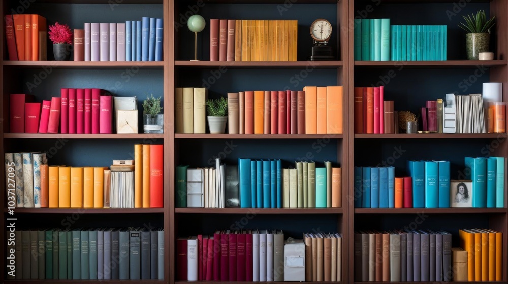 A colorful bookcase filled with books of various sizes and colors A colorful bookcase filled with books of various sizes and colors