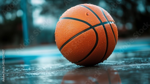 Close-up of a basketball on a wet outdoor court, showcasing texture and vibrant colors of sports equipment.